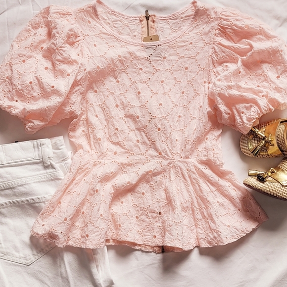 Tops - Pink Cotton Lace Peplum Top